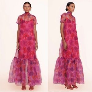STAUD Calluna Magenta Painted Floral Print Organza Tie Back Maxi Gown Dress M